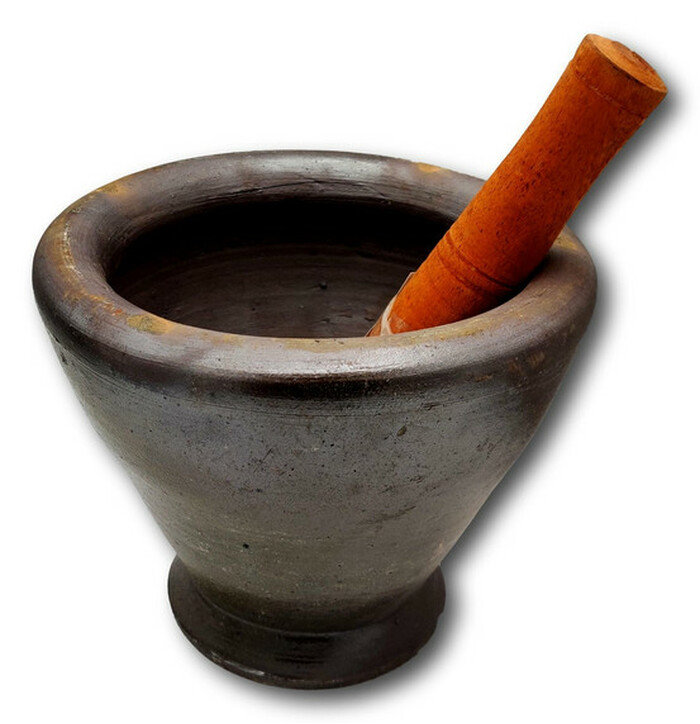 Lao Clay Mortar and Wooden Pestle L image